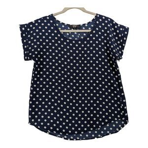 Ashley Blue Dot Print Blouse M Navy White Office Hi Low Hem Short Sleeves Crew‎